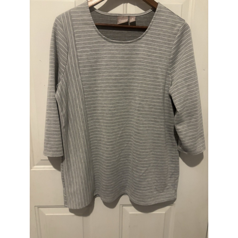 Chico's Gray Striped Crew Neck Sweater